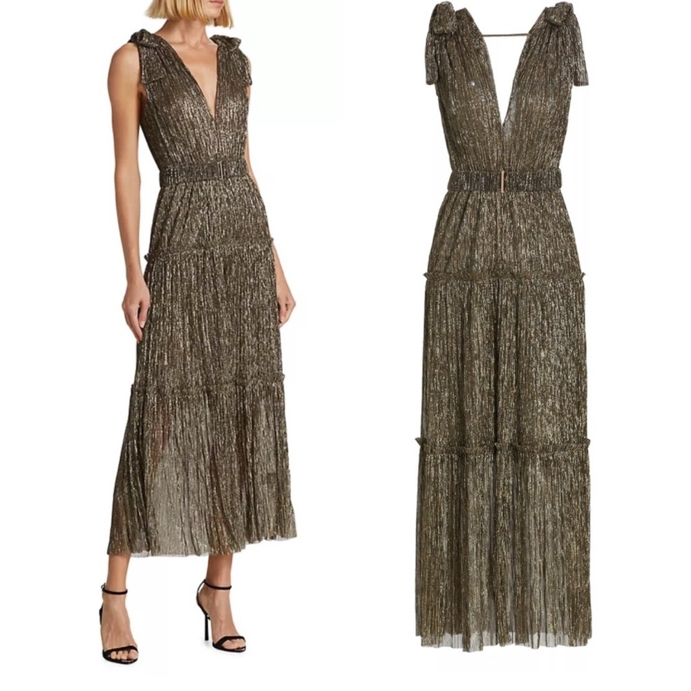 Sabina Musayev Metallic Olive Pleated Maxi Dress